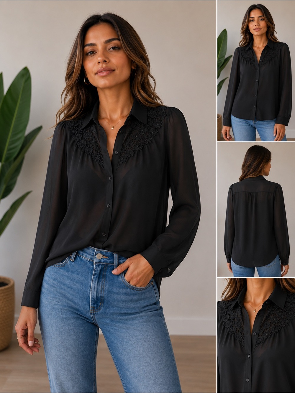 Pearl Black Lace-Yoke Button-Down Blouse